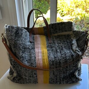 Clare V Black and White Tote with Yellow and Pink Accents